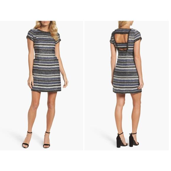 Adrianna Papell Dress Womens Size 6 Herringbone Stripe Cutout Sheath Cap Sleeve - Picture 1 of 16